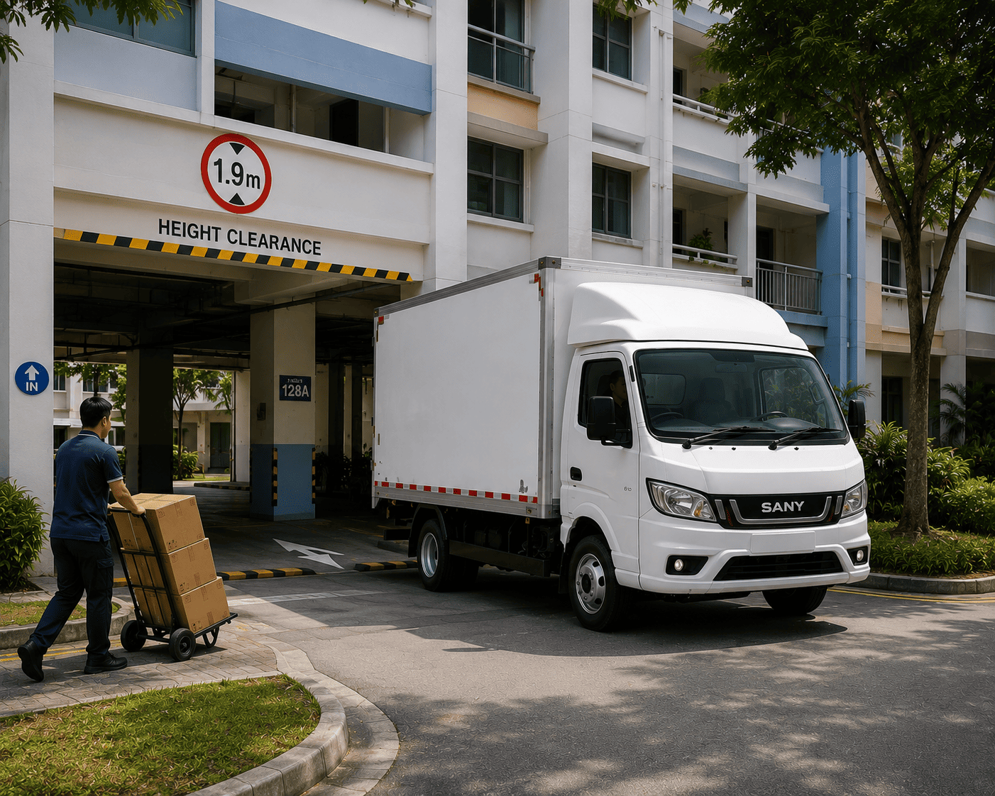SANY FR381 electric truck delivering at carpark